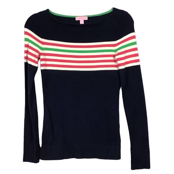 Lilly Pulitzer Maria Boatneck Sweater Navy Blue Worth Pink White Stripe sz XS - Picture 3 of 10